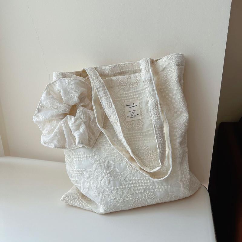 トートバッグ レディース レース 刺繍 コットン 布製 肩掛け 化粧ポーチ ミニ財布 ヘアゴム 花柄 普段..