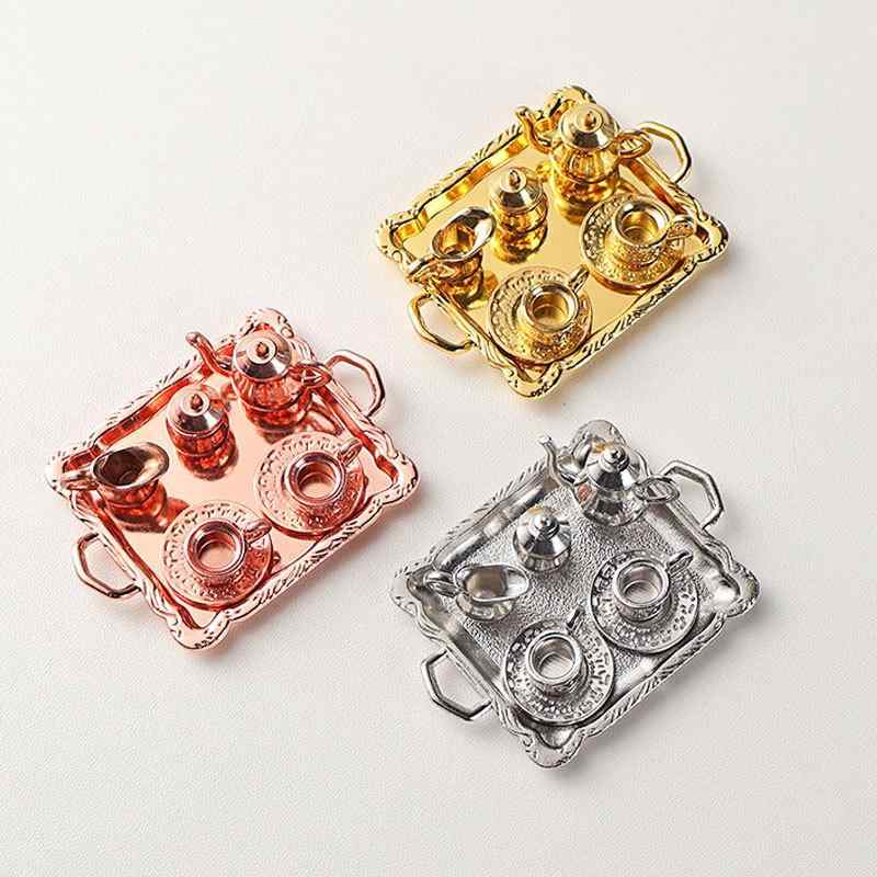 ミニチュア 食器 おもちゃ セット ドールハウス パーツ 合金 銀色 金色 青銅色 ティーセット キッチン ..