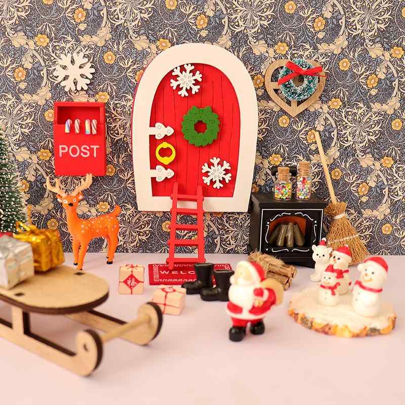 ドールハウス 木製 雪の結晶 ドア ミニチュア クリスマスツリー シーン ギフトボックス 装飾模型