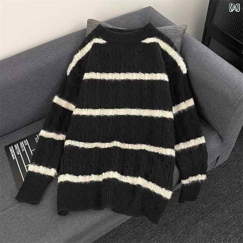ニット メンズ 韓国風 配色 ボーダー柄 セーター 秋冬 厚手 レトロ ゆったり あったか トップス 普段使い