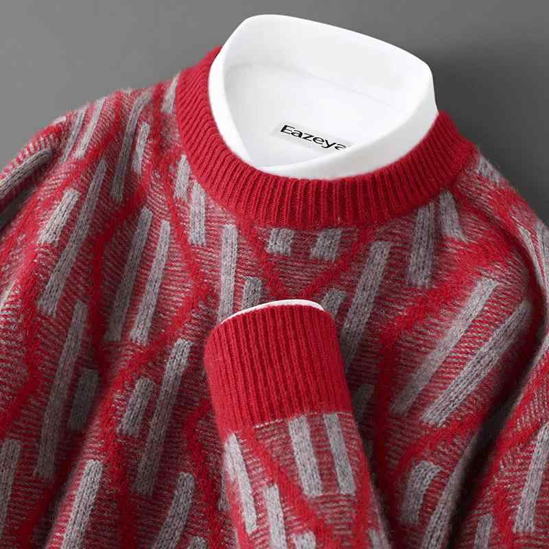ニット メンズ 男性用 ウール セーター クルーネック 厚手 切り替え ジャカード プルオーバー 配色 撞..