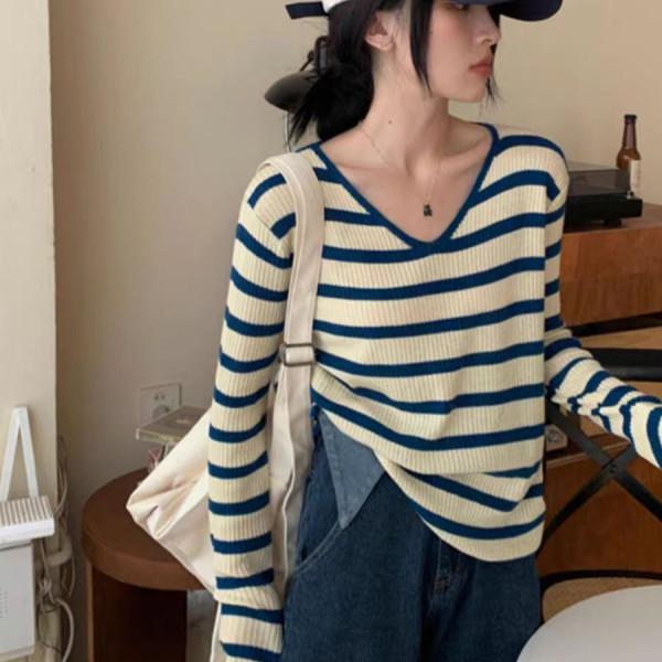 ニット レディース Vネック ストライプ トップス 長袖 カットソー プルオーバー 接触冷感 吸湿速乾 伸縮性 カジュアル 韓国風 ブラック ブルー グリーン