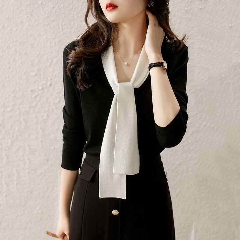 ニット レディース Vネック プルオーバー ポリエステル トップス 長袖 切り替え 蝶結び リボン 接触冷感 吸湿速乾 オフィス 通勤 きれいめ ブラック S M L XL