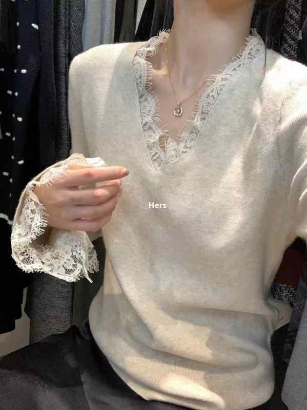 ニット レディース 長袖 Vネック レース 切り替え 無地 トップス チュニック丈 セーター フェミニン か..