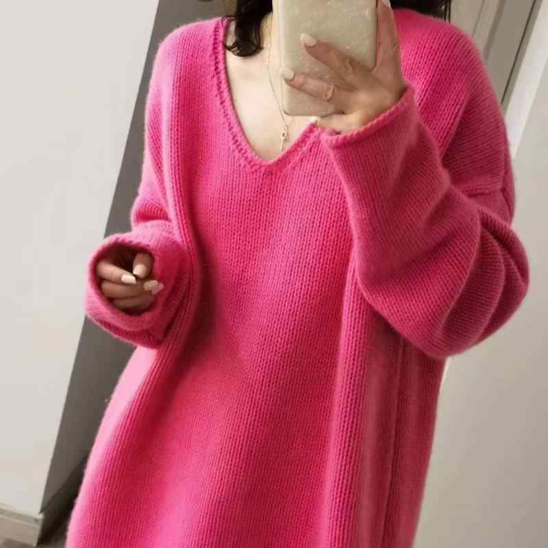 ニット レディース ピンク Vネック ドロップショルダー ゆったり 羊毛 ウール セーター 秋冬 トップス ..