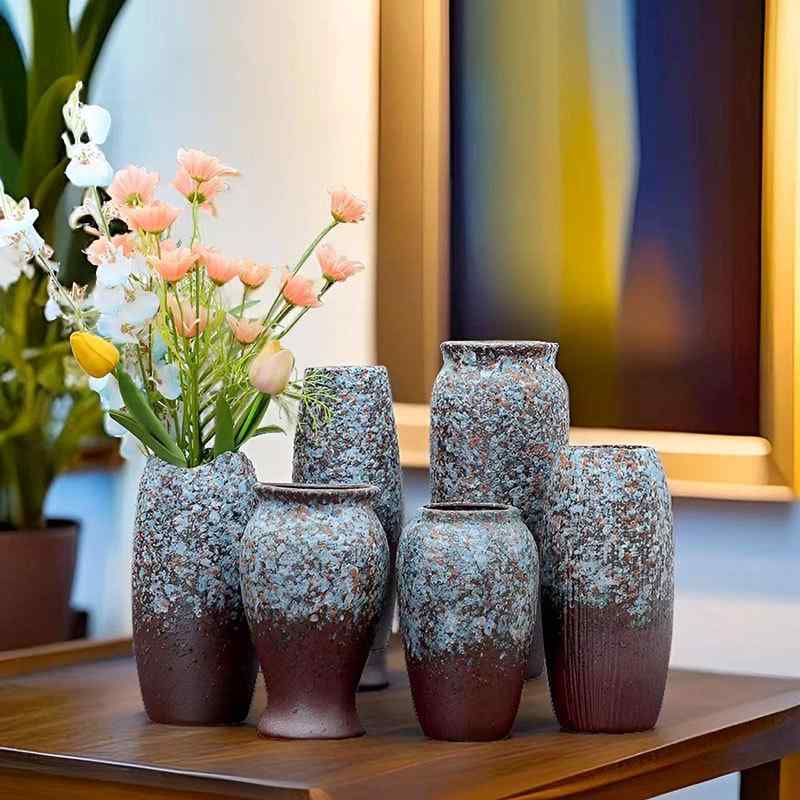 花瓶 陶器製 花器 ドライフラワー 生花 水栽培 北欧風 モダン シンプル 卓上 リビング オブジェ インテリア 吉利紅 平口 泡 泡模様 花弁 大肚 窯変 藍 墨 模様 不規則 星空