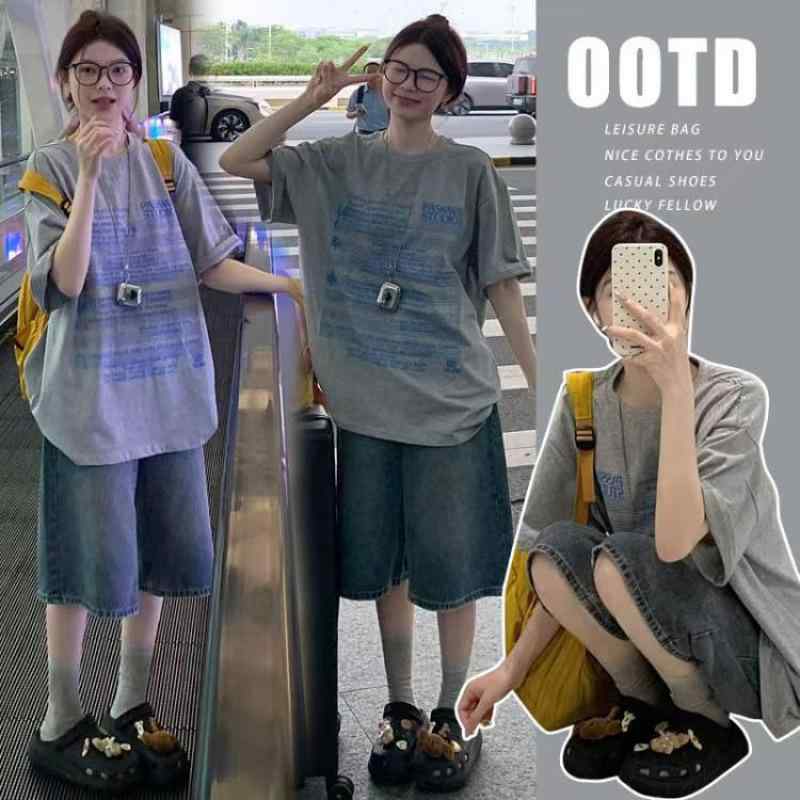 セットアップ レディース グレー Tシャツ トップス 調節可能 デニム ショートパンツ パンツスーツ 綿混..