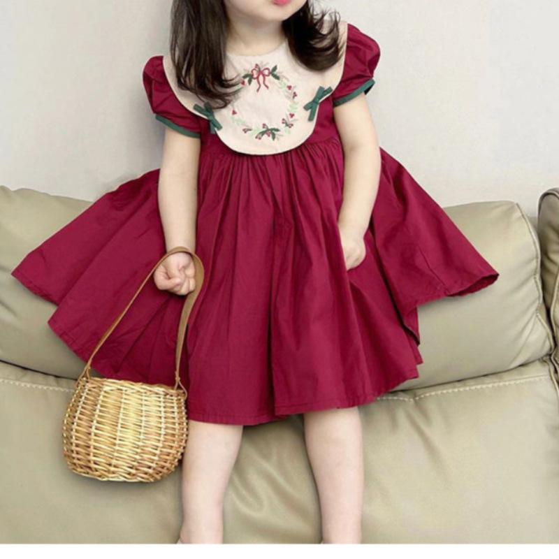 ワンピース キッズ 女の子 パフスリーブ 刺繍 プリンセス Aライン スカート 子供 普段使い かわいい ポリエステル 花柄 グレー系