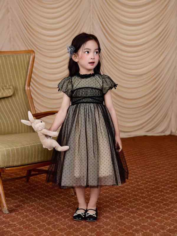 ワンピース 女の子 ヘップバーン風 ドット柄 チュールスカート フレンチレトロ 誕生日会 発表会 Aライン 膝丈 ブラック 黒 杏色 3歳 4歳 5歳 6歳 7歳 8歳 90cm 100cm 110cm 120cm 130cm 140cm 150cm