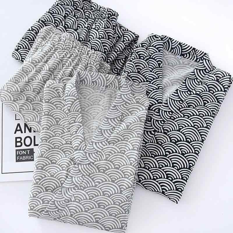 和服 寝巻き 男性用 春夏 浴衣 ガーゼ 綿 七分袖 長ズボン リラックスウェア 上下セット 部屋着 ルームウェア