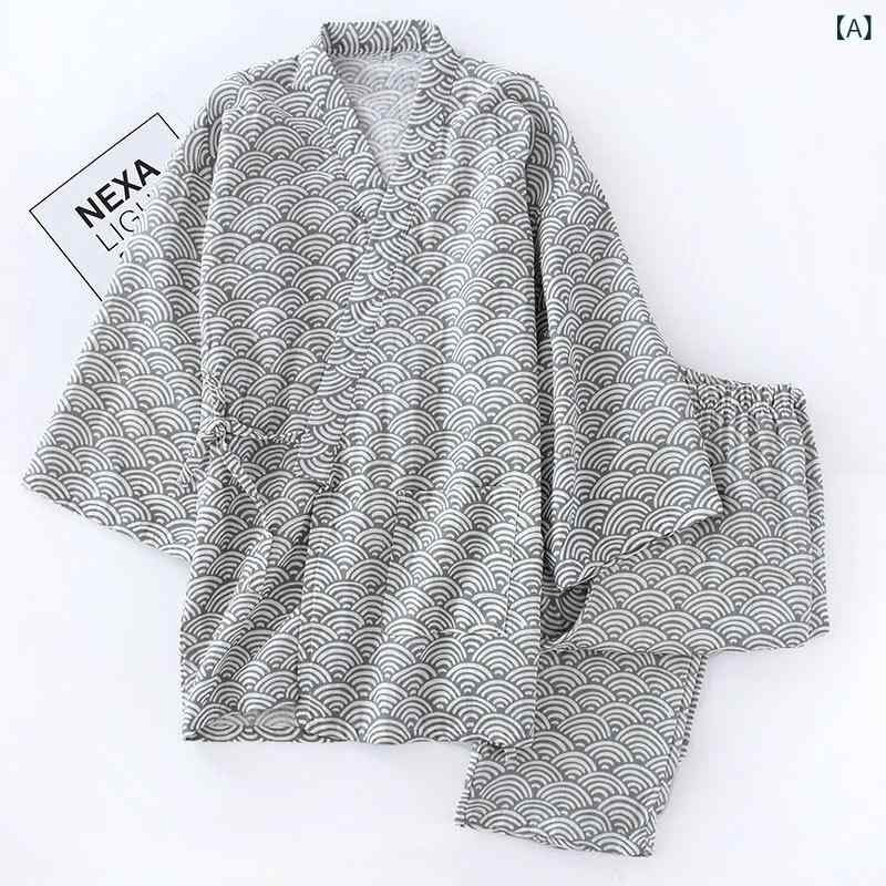 和服 寝巻き 男性用 春夏 浴衣 ガーゼ 綿 七分袖 長ズボン リラックスウェア 上下セット 部屋着 ルームウェア