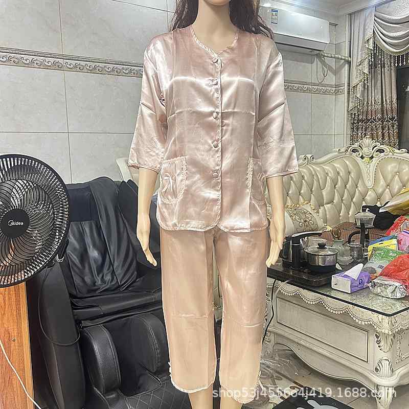 パジャマ 新郎 新婦 結婚式 シャンパンゴールド 上下セット 5分袖 Vネック 7分丈パンツ ポリエステル ..