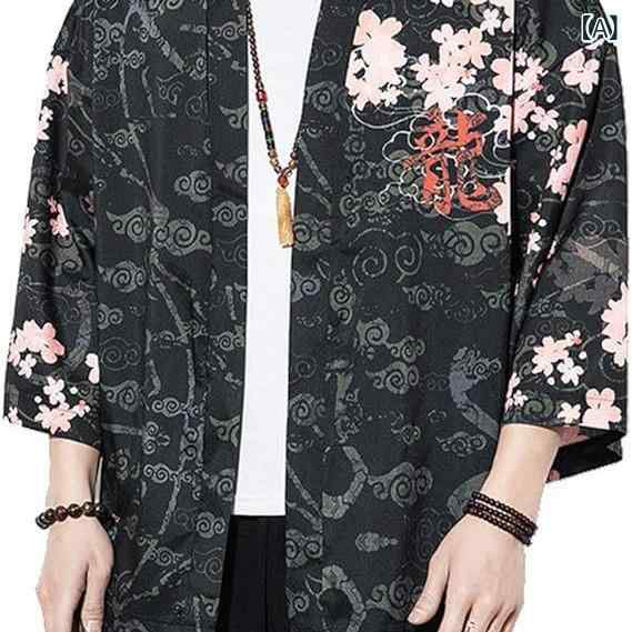 浴衣 メンズ 男性用 羽織り ポリエステル 7分袖 カーディガン 甚平風 部屋着 寝間着 パジャマ 白 赤 緑 グレー 黄色 紫 和風 リゾートウェア