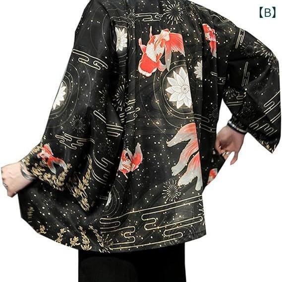 浴衣 メンズ 男性用 羽織り ポリエステル 7分袖 カーディガン 甚平風 部屋着 寝間着 パジャマ 白 赤 緑 グレー 黄色 紫 和風 リゾートウェア