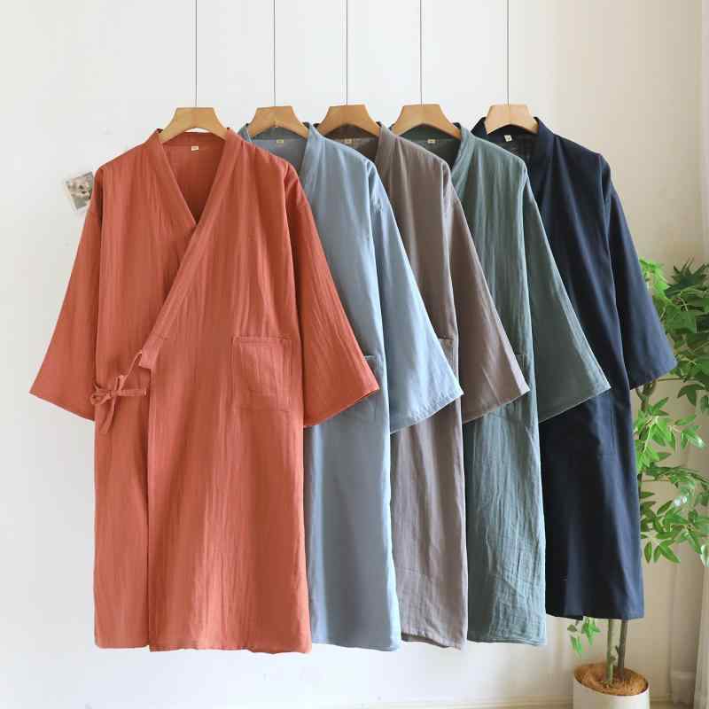 浴衣 メンズ 男性用 綿 ガーゼ 和風 寝巻き ルームウェア 春夏秋 薄手 吸汗性 通気性 Vネック ネイビー ブルー グレー