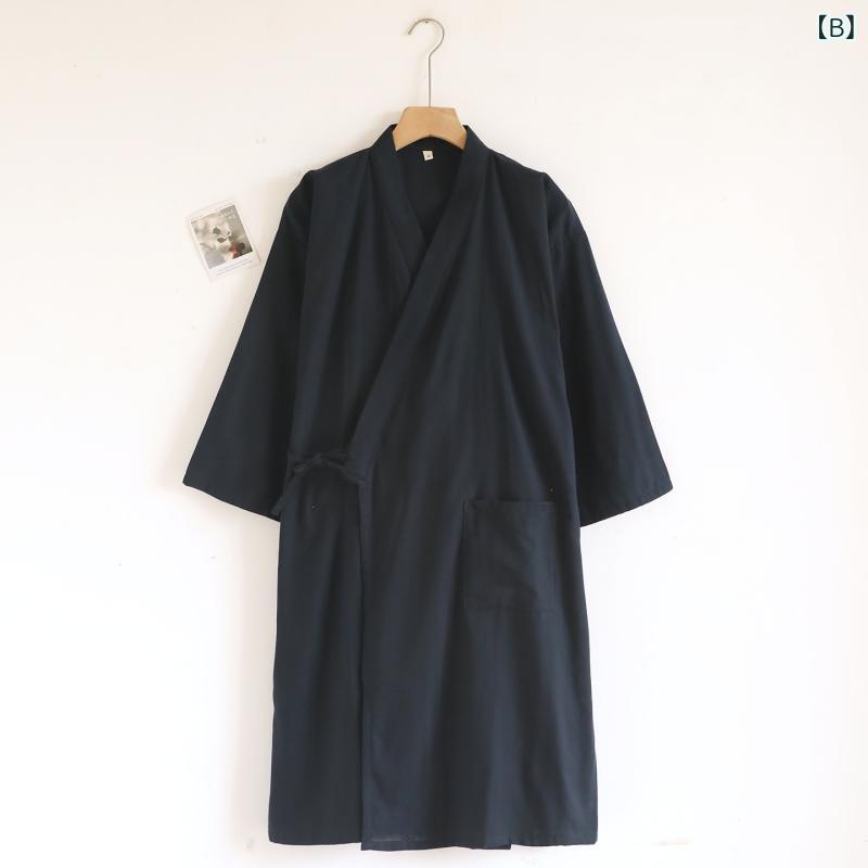 浴衣 メンズ 男性用 綿 ガーゼ 和風 寝巻き ルームウェア 春夏秋 薄手 吸汗性 通気性 Vネック ネイビー ブルー グレー