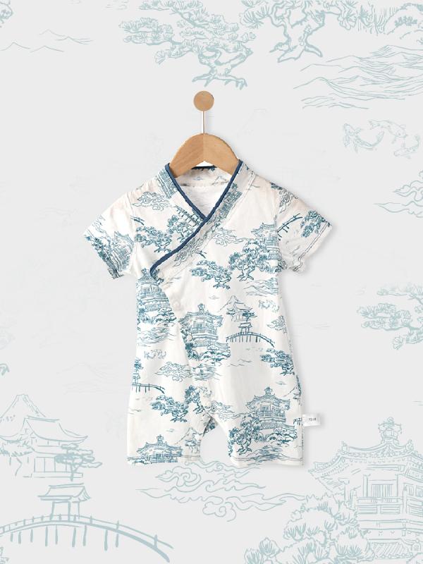 ベビー服 ロンパース 春夏 新生児 半袖 和風 蝶結び 純綿 短袖 薄手 かわいい 中国風 山明水秀 盛夏荷..