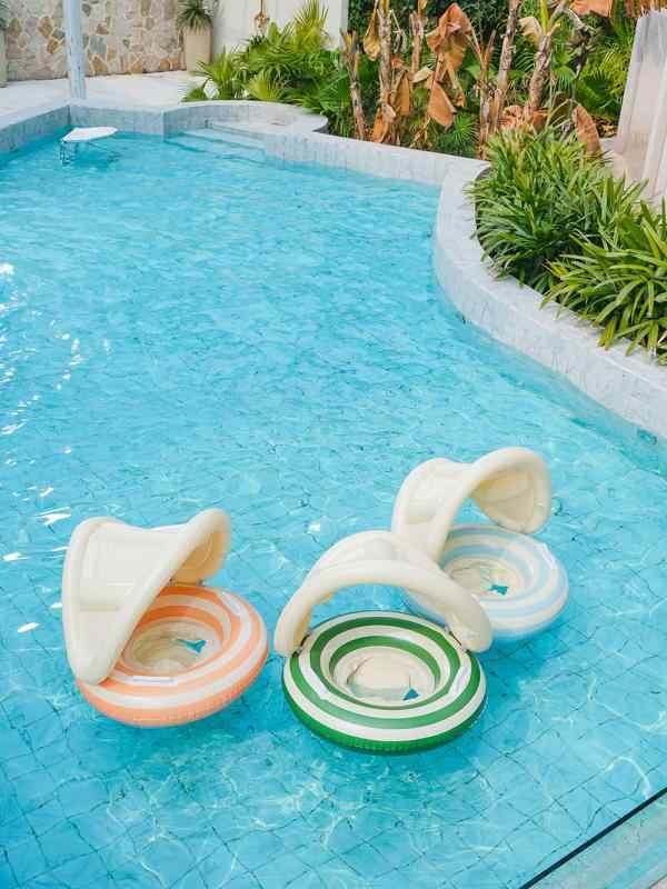 ベビー 子供用 水泳リング 座付き 浮き輪 日除け付き ストライプ柄 PVC製 ハンドル付き かわいい イン..