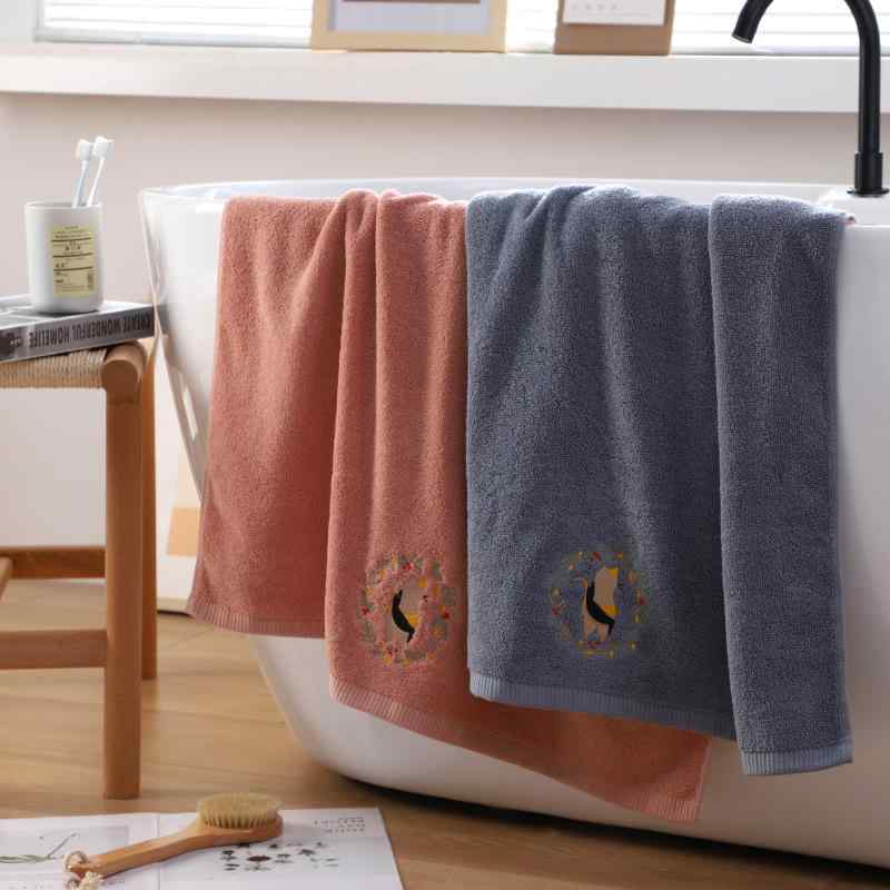 バスタオル 純綿 猫柄 刺繍 吸水 速乾 夫婦 子供用 洗顔 シャワー 70×140cm 上質 綿100％ デイリーユース