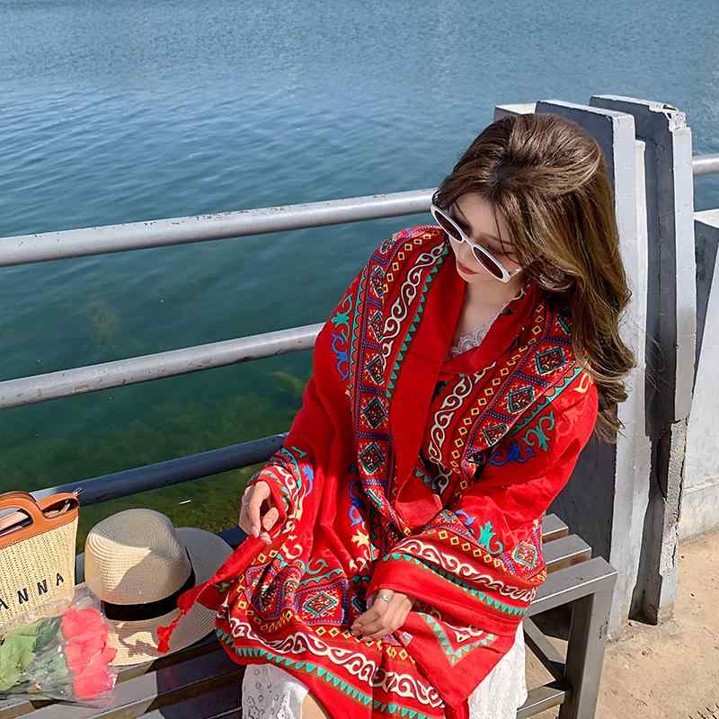 ストール レディース 大判 コットン リネン ショール 民族風 UVカット 日焼け止め 海辺 旅行 紫外線対..