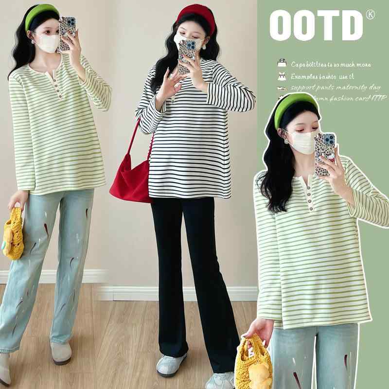 マタニティ トップス 長袖 Vネック ストライプ 妊婦服 コットン ゆったり 普段使い 春秋 ブラックスト..