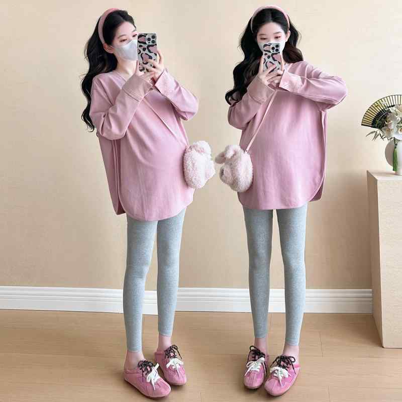 Tシャツ マタニティ 春物 長袖 ゆったり 大きいサイズ 綿 ピンク系 妊婦 ストリート カジュアル