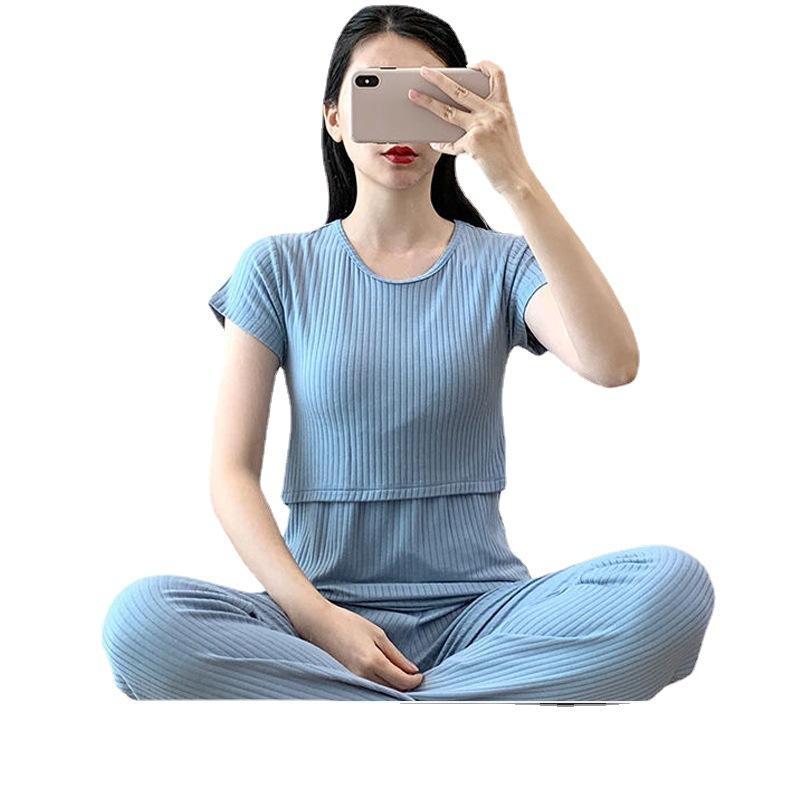 マタニティウェア セットアップ 半袖Tシャツ 2点セット 授乳口付き 大きいサイズ ゆったり 春夏 部屋着..