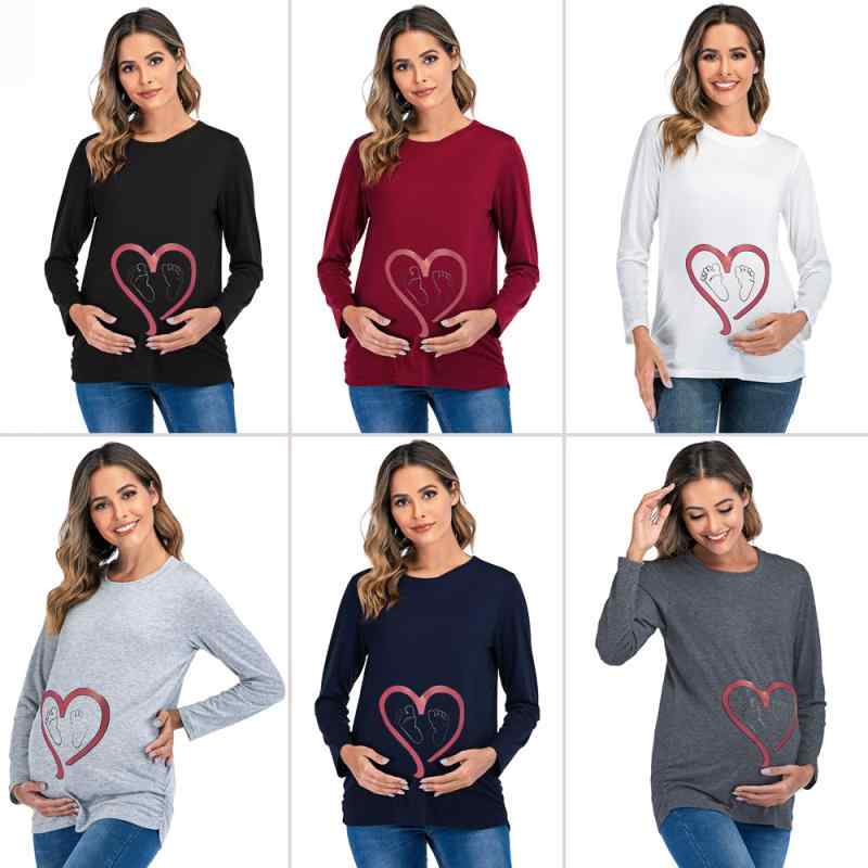 Tシャツ レディース マタニティウェア 大码 長袖 薄手 春秋 欧美風 かわいい 愛心プリント ブラック ホ..