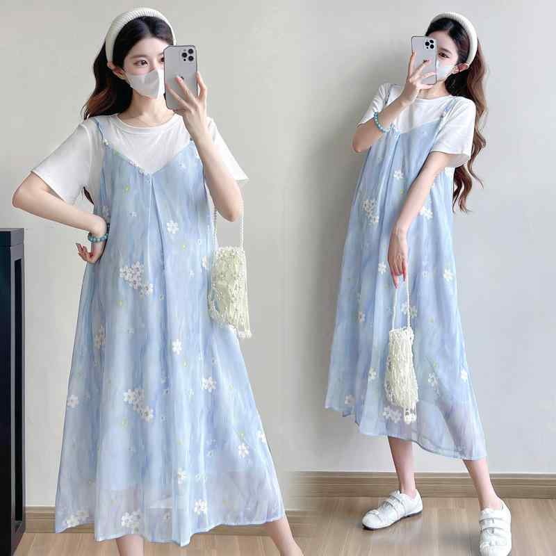 マタニティワンピース 春夏 半袖 Aライン 膝丈 花柄 刺繡 切り替え コットン チュニック ゆったり ラウ..