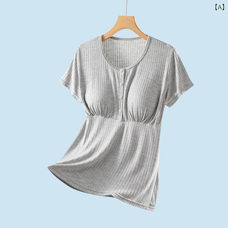 授乳服 授乳トップス 半袖 Tシャツ 産後 ママ カットソー 粘胶纤维 レーヨン ラウンドネック 無地 プル..