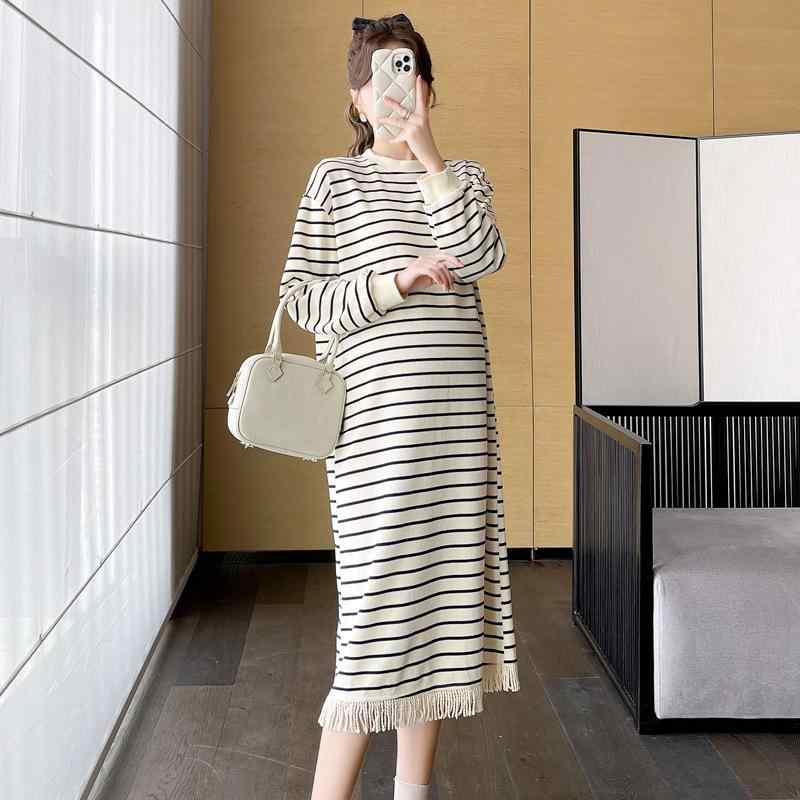 マタニティワンピース 春物 長袖 ラウンドネック ボーダー柄 ニット チュニック 妊婦服 ゆったり Aライ..