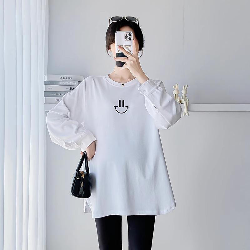 Tシャツ マタニティ レディース 長袖 秋冬 ラウンドネック スマイル柄 チュニック丈 トップス カットソ..