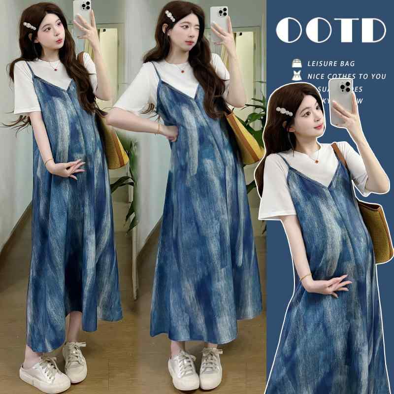 マタニティワンピース 春夏 授乳服 セットアップ 綿 吊りスカート 半袖 Tシャツ 妊婦服 マタニティウェア