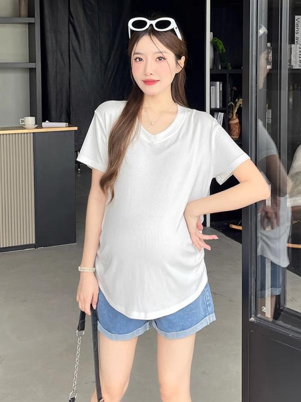 マタニティ トップス 半袖 Vネック ゆったり 春夏 妊婦 婦人服 カットソー 綿混紡 白 ホワイト 杏色 ピ..