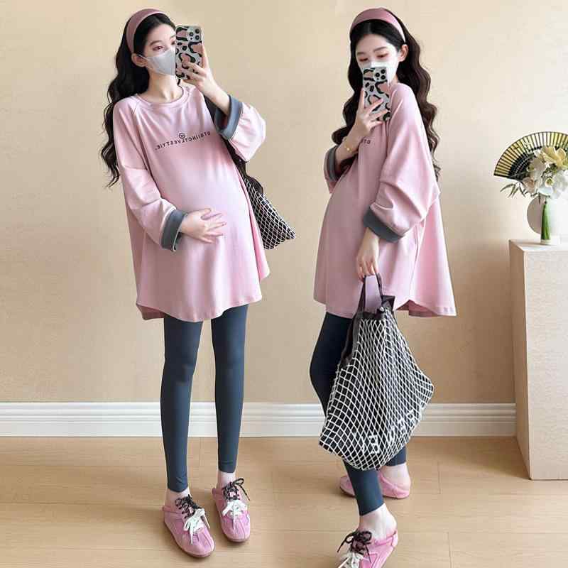 マタニティ トップス 春秋 ラウンドネック 長袖 チュニック丈 ゆったり コットン ピンク系 カーキ 大き..