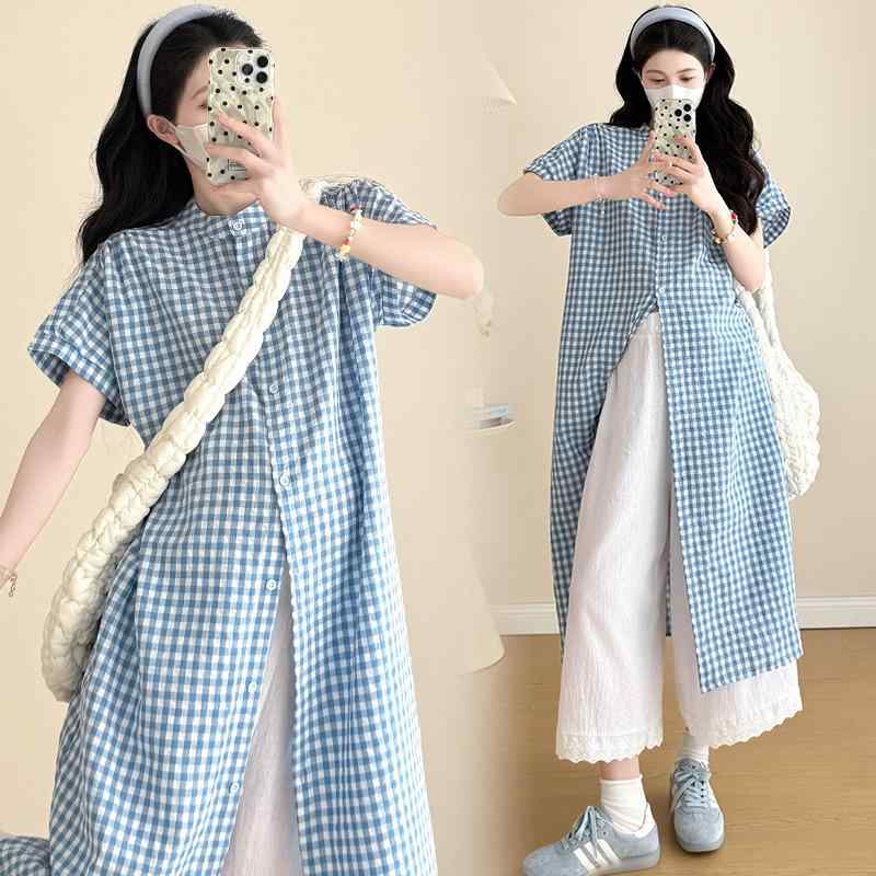 マタニティワンピース 春夏 半袖 格子柄 Aライン 膝丈 授乳服 ラウンドネック コットン ゆったり かわ..