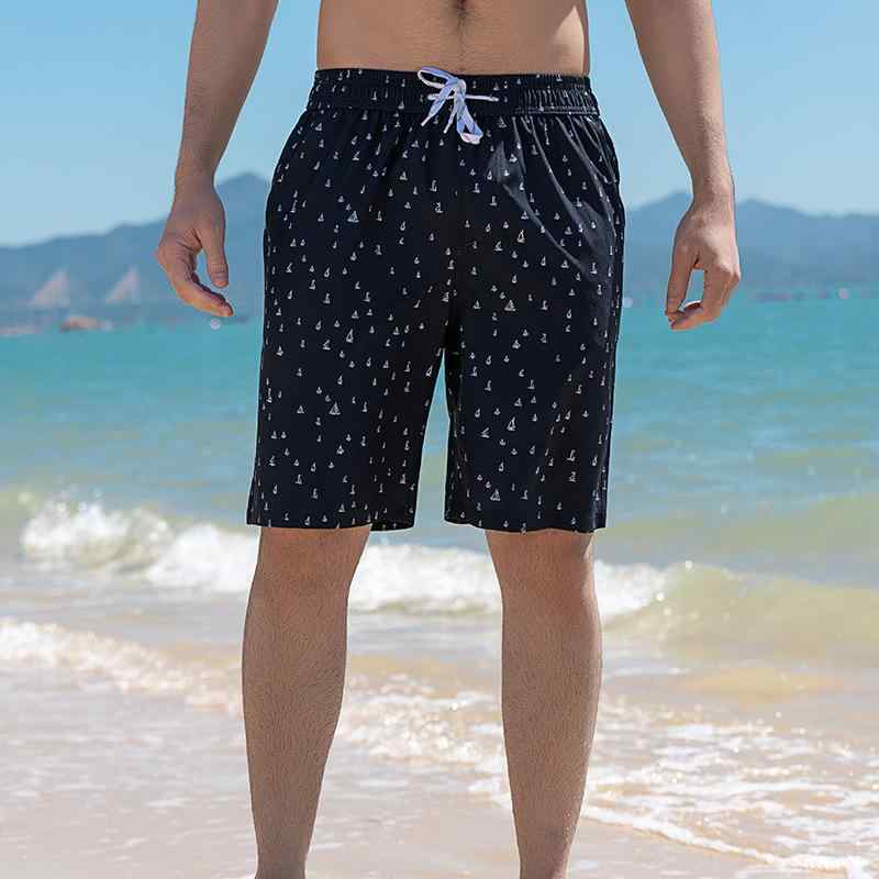 水着 メンズ 男性用 サーフパンツ 海パン リゾート ショーツ ストライプ柄 ヨット柄 黒 ブラック 速乾性