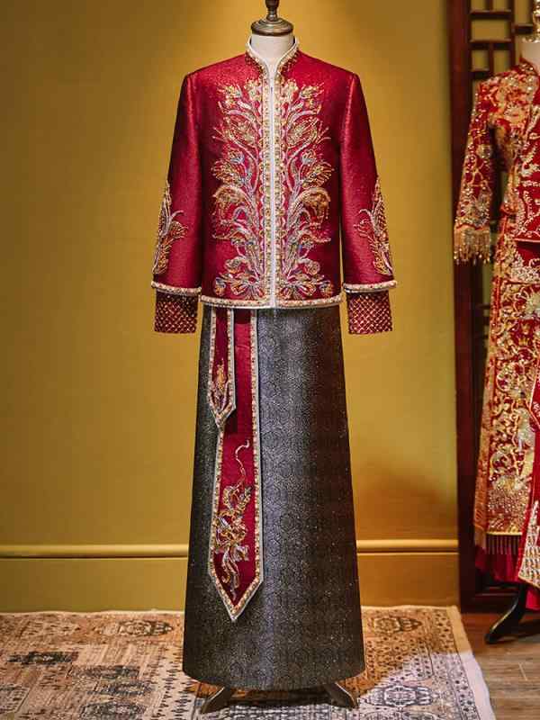 秀禾服 男性用 結婚式 新郎 衣装 礼服 唐装 刺繡 絹 青年 中国風 レッド ブラック