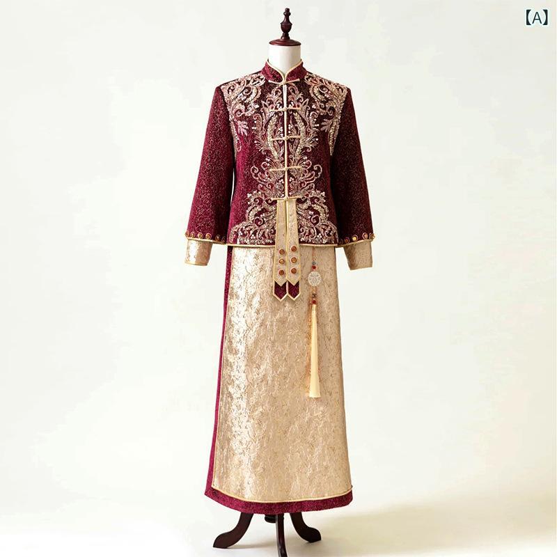 メンズ秀禾服 新郎衣装 中華風礼服 ゴールド 結婚式 シャンパンゴールド 刺繍 ポリエステル フォーマル