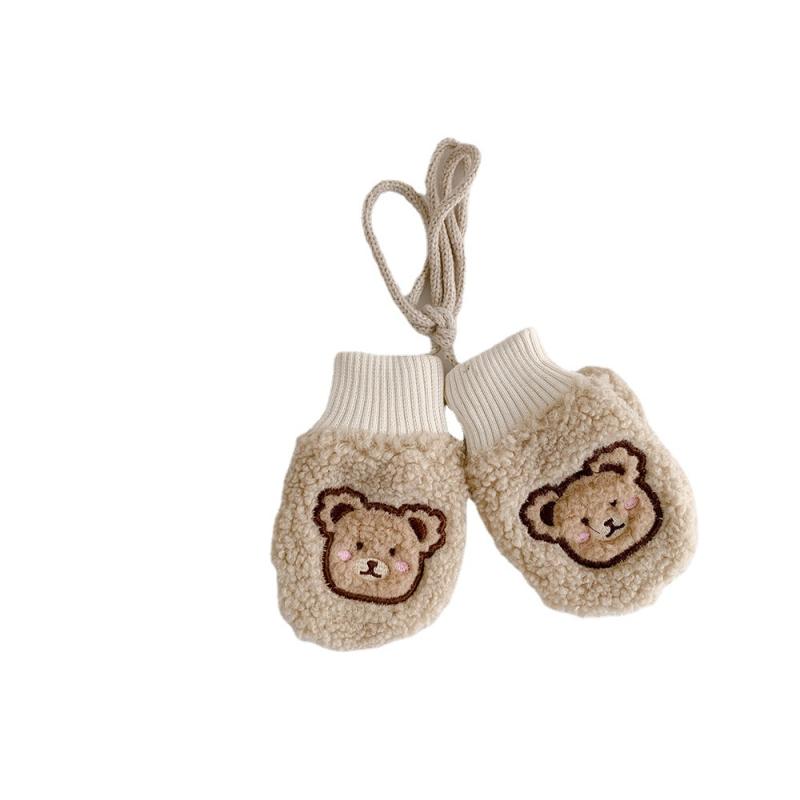 手袋 キッズ 子供用 羊羔ボア 刺繍 くま クマ 熊 ひも付き ミトン手袋 防寒 あったか 秋冬 ベージュ カ..