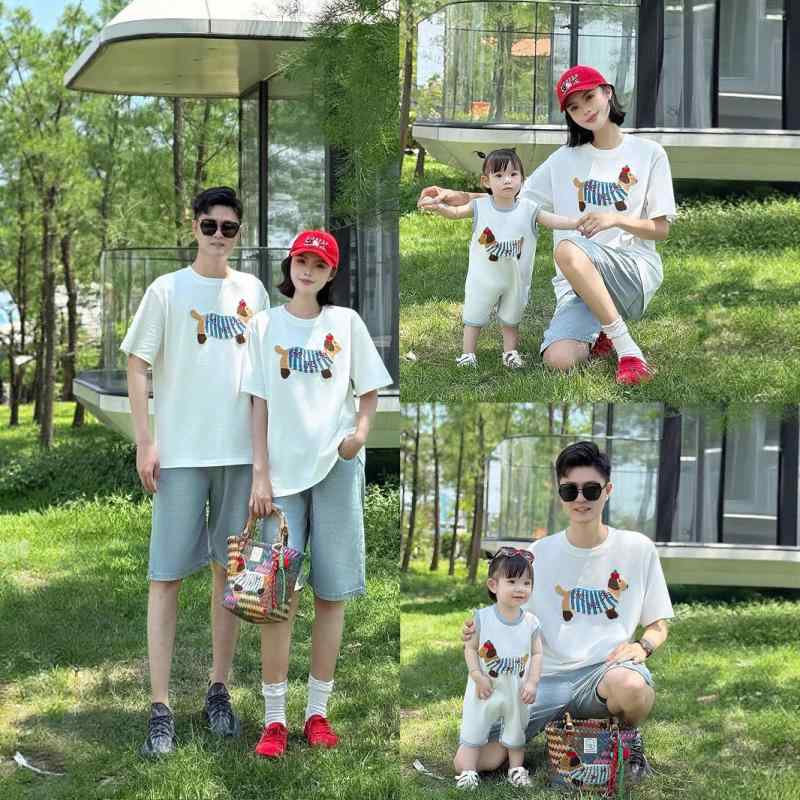 楽天TanzanTシャツ 親子 ペアルック 夏 半袖 ベビー ロンパース 刺繍 綿100％ かわいい アニマル柄 ドッグ 犬 ファミリー 家族 お揃い トップス 普段着 部屋着 リラックスウェア