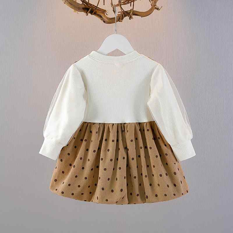 ワンピース 女児 幼児 春秋 長袖 コットン 公主裙 A類 深卡其布色 チョコレート色 66cm 73cm 80cm 90cm 100cm 110cm かわいい 子供服 ベビー服 普段使い