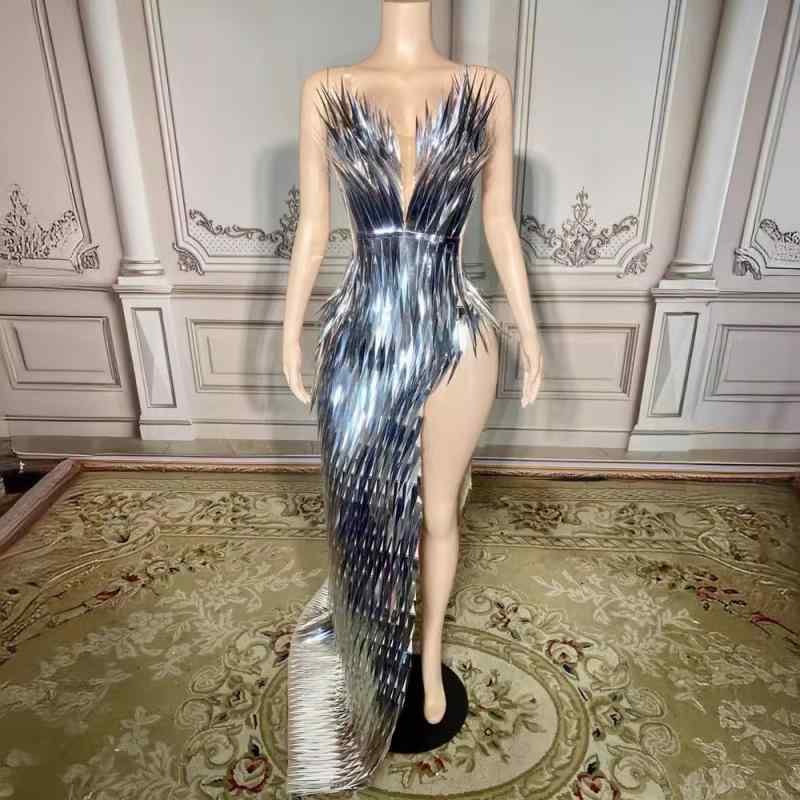 ドレス レディース 高貴 華麗 セクシー スパンコール スリット 舞台 衣装 演出 服 銀灰色 金色 赤色 黒..