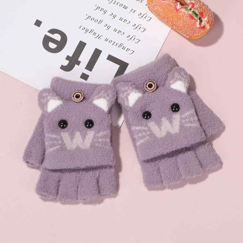 手袋 子供用 ニット手袋 指なし 手袋 ベビー 防寒 桃色 ピンク系 白色 ホワイト 紫 淡青色 厚手 裏起毛 あったか かわいい 動物(4)