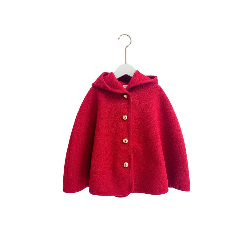 ポンチョ ガールズ ウール ケープ 秋冬 子供用 女の子 フード付き ショール 赤色 防寒 厚手 90 100 110..
