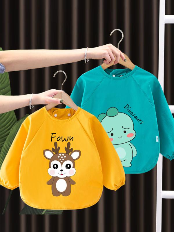 子供用エプロン 長袖 防水 幼稚園 ベビー 食事用 スタイ 秋冬 撥水 全身 汚れ防止 かわいい B類 73cm 80cm 90cm 100cm 110cm 120cm ポリエステル カートゥーン アニマル 小鹿 恐竜 猫 ウサギ