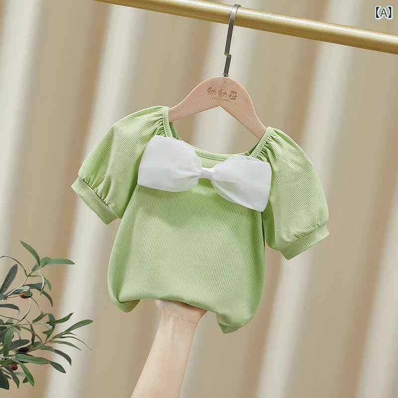 子供服 Tシャツ 女の子 半袖 夏服 トップス かわいい 蝶結び パフスリーブ 普段着 ピンク系 イエロー グリーン 80 90 100 110 120 130 140