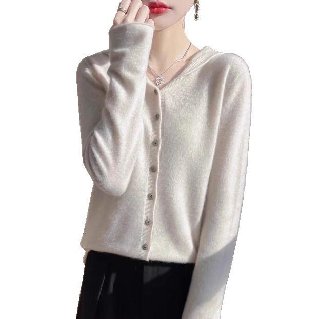 カーディガン レディース ニット 春秋 薄手 フード付き ポリエステル 長袖 トップス アウター 羽織り 通勤 ベージュ ピンク系