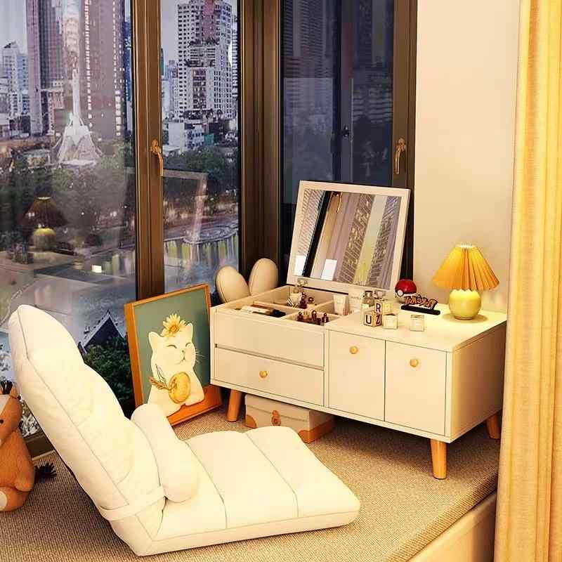 ドレッサー 化粧台 寝室用 ナイトテーブル 出窓 コンパクト コスメ収納 暖白色 オーク色