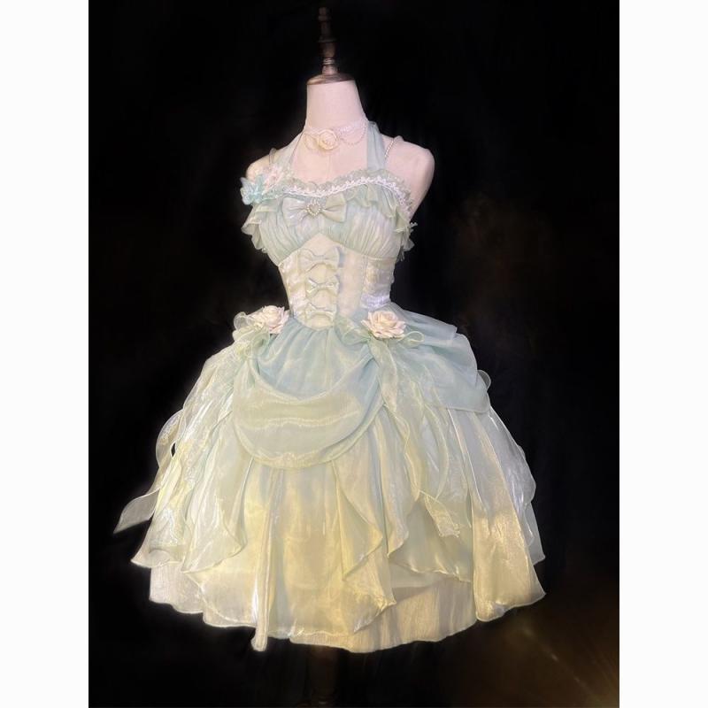 ワンピース レディース ロリータ 超仙 雰囲気 在逃プリンセススタイル グリーン 全セット TR素材 チュール レース ちょう結び パフスリーブ 半袖 中国風 ドーリー かわいい ガーリー イベント パーティー(4)